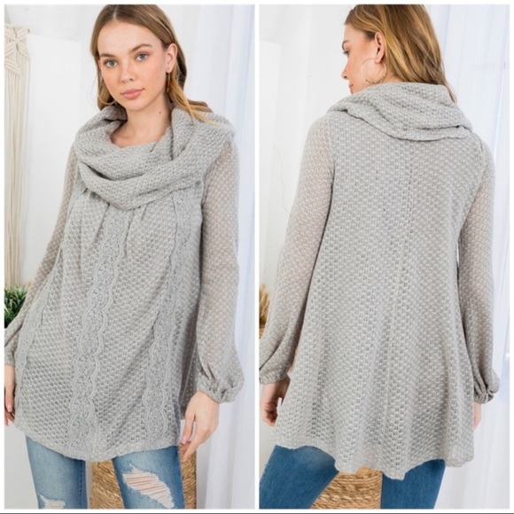 New Ryu Gray Cowl Neck Flowing Fall Sweater With Floral Design - Picture 3 of 7